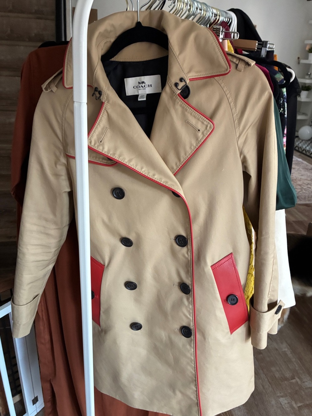 Authentic XXS Coach Tan Trench Coat with Red Leather Trim & Belt